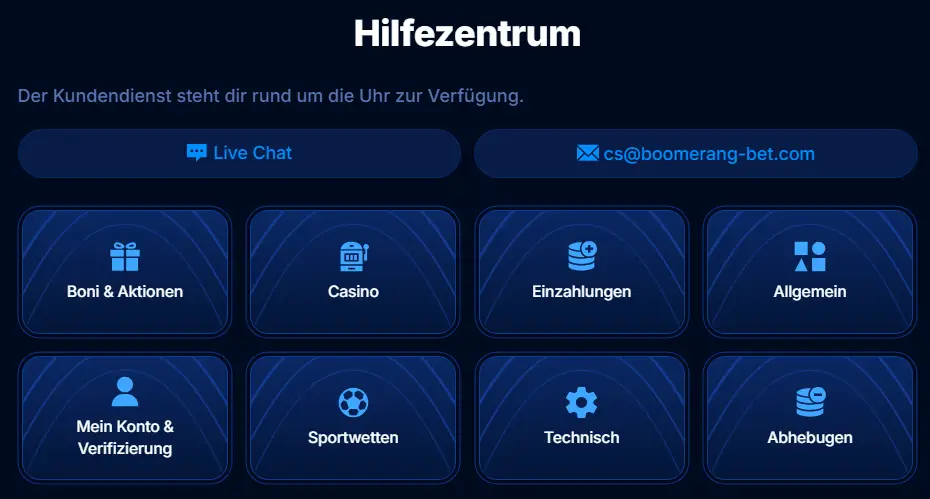 Hilfecenter bei Boomerang Casino